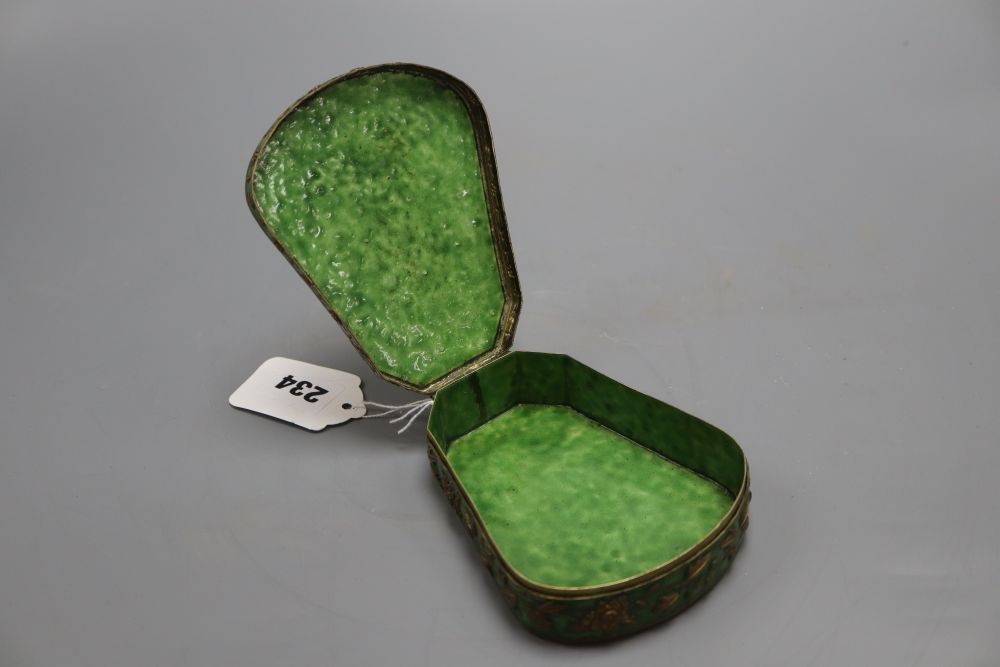 A 19th century Chinese ivory, brass and green enamel box, length 13cm